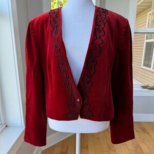 Vintage Jaeger Red Black Embroidered Velvet Cropped Jacket Sz 12 (vtg)